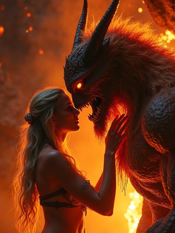 Close-up view of a beautiful warrior girl with flowing gold hair. She is caressing the face of a towering beast. The scene is set in a glowing lava cave. Warm firelight reflects on the stone walls around them. Their eyes are locked in affection. The atmosphere is filled with heat shimmer and bright red and orange tones.