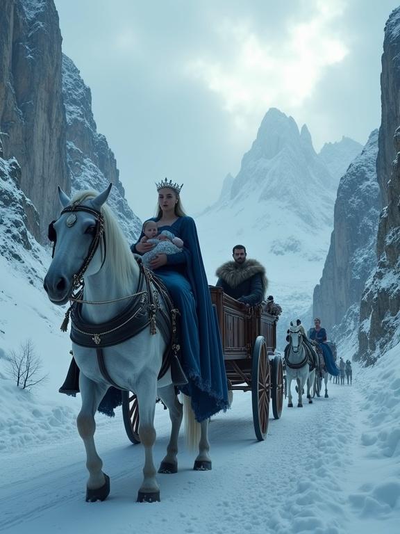 Wide shot of a royal carriage in a snowy mountain pass. King and queen inside the carriage. Queen in a blue gown holding an infant. Snow covered mountains in the background. Two white horses pull the carriage. Dramatic sky with falling snow.