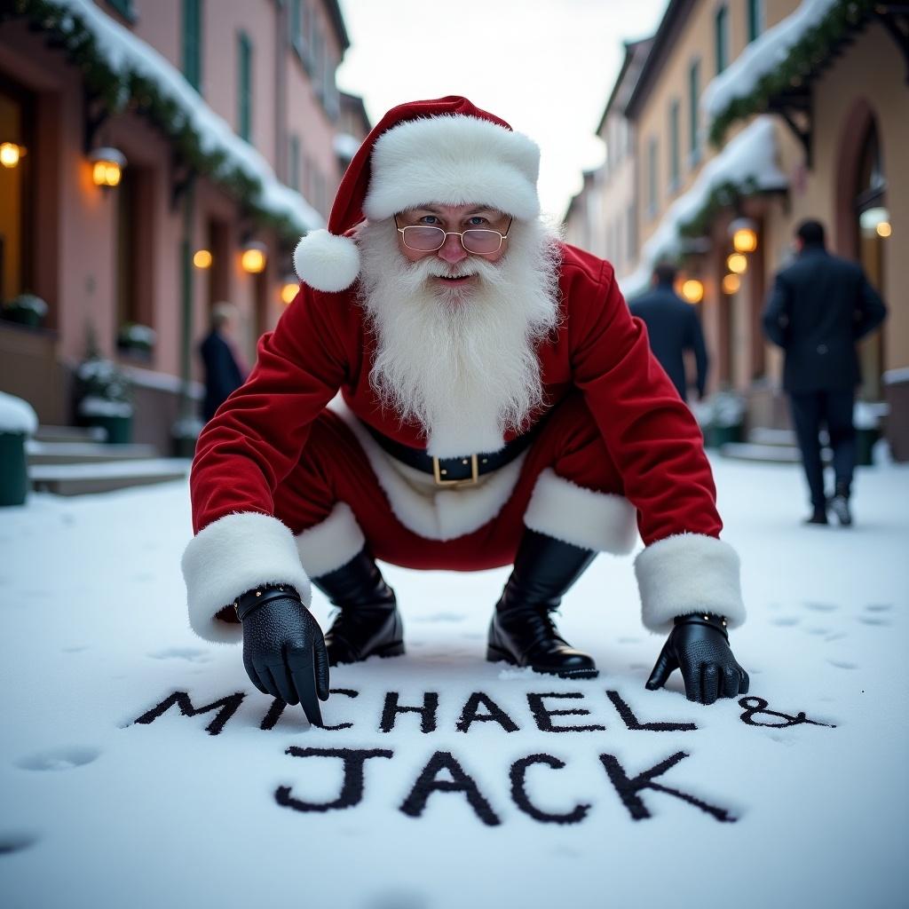 Santa Claus writes names MICHAEL & JACK in snow. Traditional red and white attire with black boots. Snowy street with charming buildings. Soft warm winter light enhances festive atmosphere.