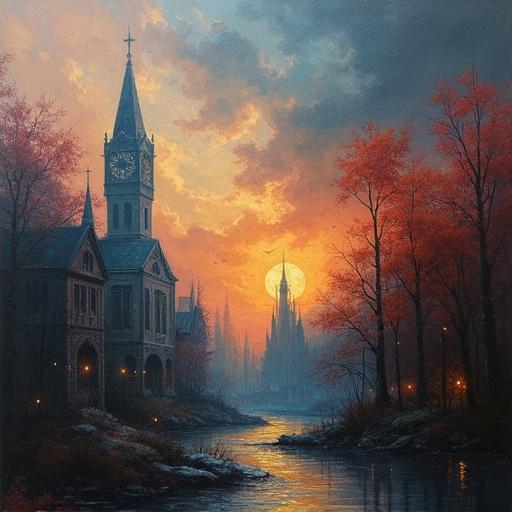 A painting featuring a village at sunset with a clock tower, a river, and autumn trees. The scene has soft lighting and a tranquil atmosphere, showcasing Gothic architecture.