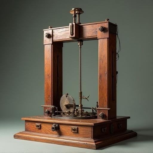 A guillotine design resembling a ham radio antenna. The focus is on the structure with intricate woodwork and metal components. The setting is neutral to highlight the item.