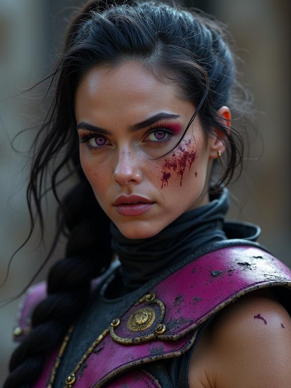 A hyper-realistic portrait of a female character inspired by Mortal Kombat. The character has calm yet unsettling facial expression with glowing violet eyes. Dark hair, battle-worn braid, strands over a blood-smeared cheek. Slightly parted lips hint at sharp teeth. She is in torn ninja armor of deep magenta and black, with cracked leather and gold accents. Pale skin shows marks of paint and scars. Background suggests a ruined temple or battlefield with torchlight and ash. Ultra-detailed with cinematic IMAX lighting.