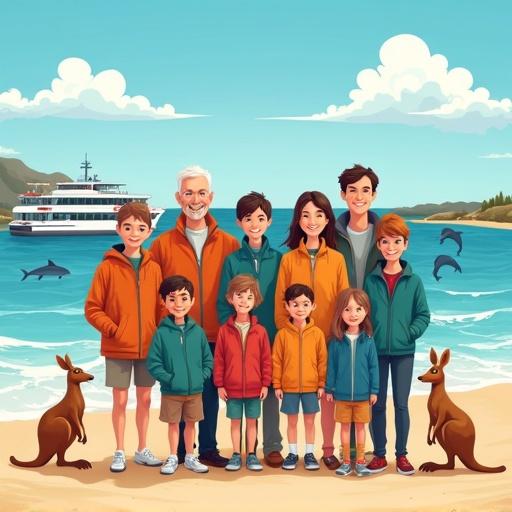 Create a book cover featuring Perth landmarks with cartoon elements like kangaroos, a beach, a ferry, and dolphins. Include a family of 12 in the foreground, all wearing light jackets. The family consists of grandparents, parents, an auntie, teenage boys, toddlers, and an infant girl.