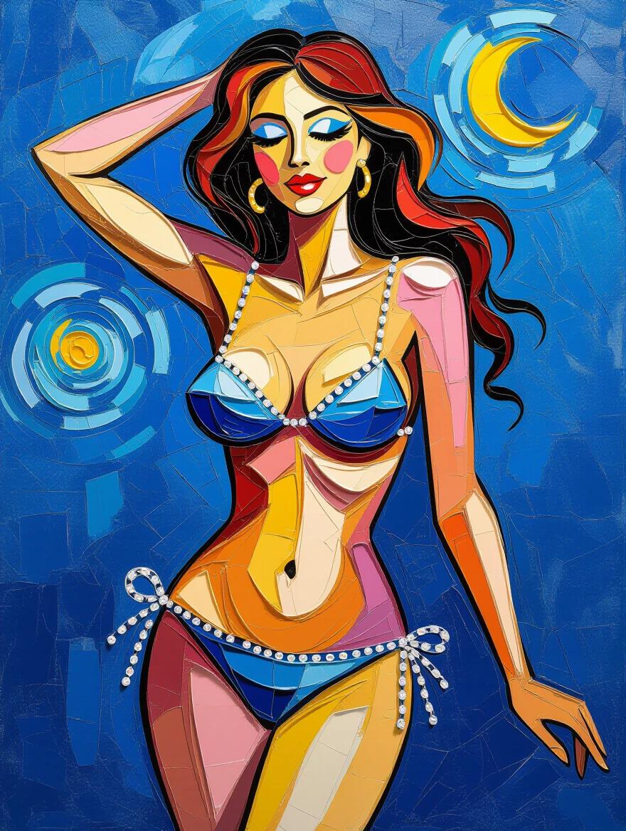 3D textured painting of a woman in a bikini. She has delicate chains and straps. The painting has swirling brushstrokes and vibrant colors. The style illustrates independence and freedom. Background features circular patterns and a blue sky.