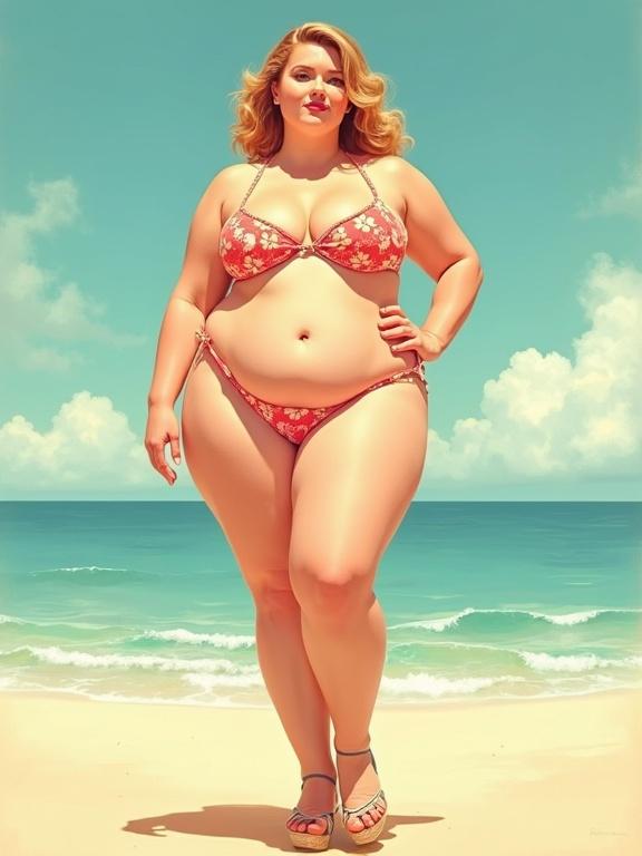 Illustration of a curvy woman in a vintage bikini posing in front of the sea. She has wavy hair, wearing wedges, standing confidently. Soft pastel colors dominate the scene.