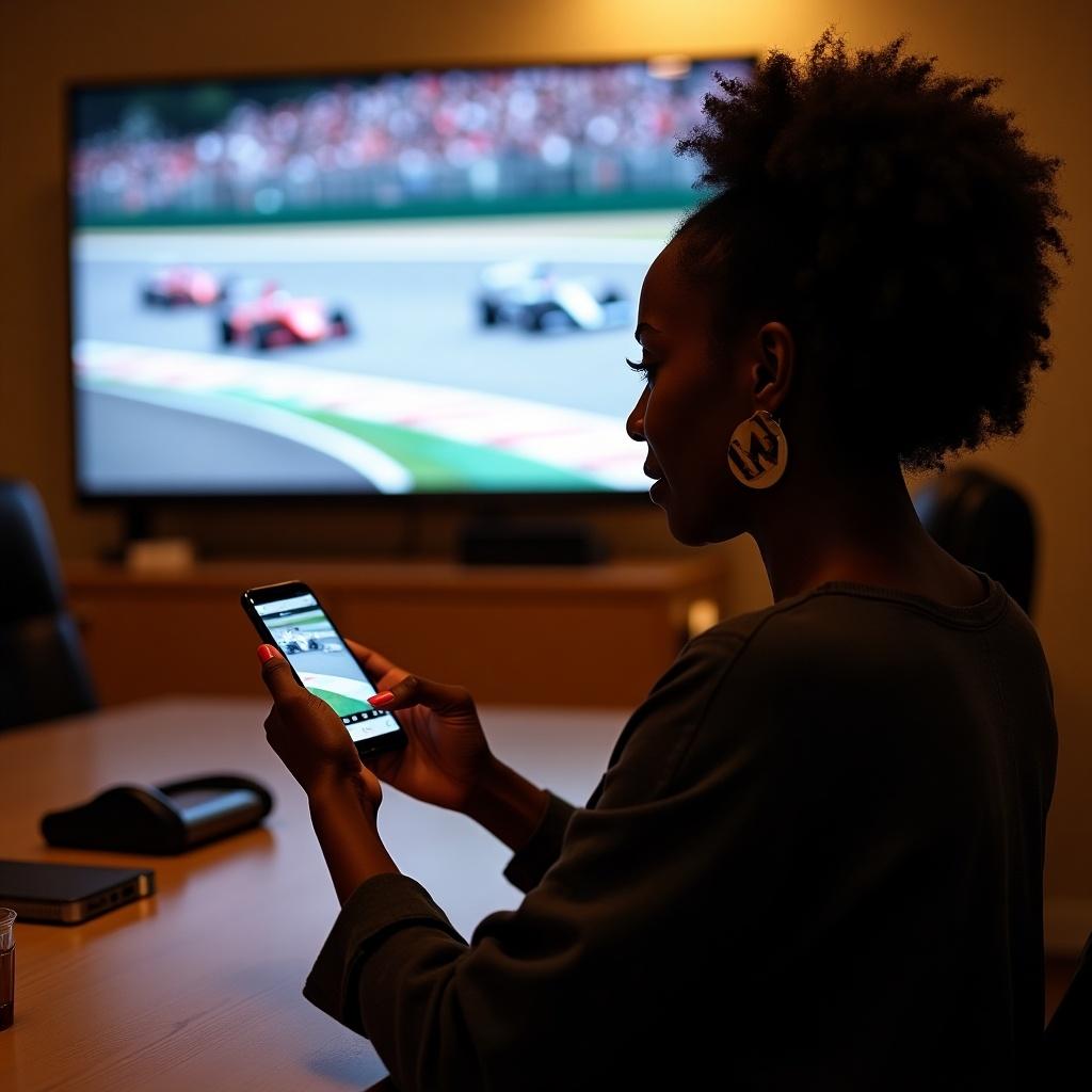 A black woman is sitting at a wooden table, focused on her smartphone. In the background, a television screen displays a thrilling race event, capturing her attention. She has a stylish hairstyle and wears a distinctive earring. The room is softly lit, creating a cozy atmosphere. This scene reflects a blend of technology and entertainment, showcasing a modern lifestyle. The race cars on the TV add dynamic energy to the setting. It's an inviting moment that blends leisure and engagement with digital devices.