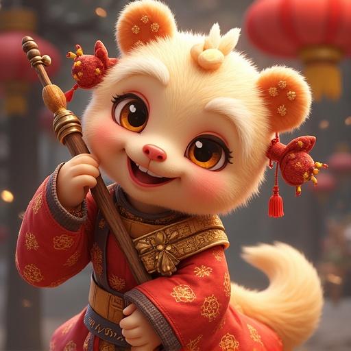 A cute animated character resembling a fluffy animal. Character has a happy expression and adorning a colorful outfit. Holding a staff with ornaments. Background has lanterns, giving a festive feel.