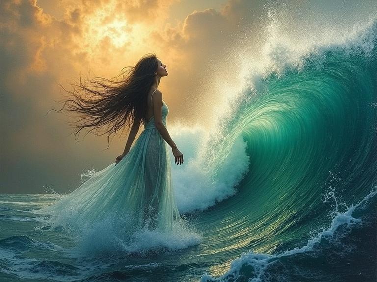 A woman stands in the ocean. The wave rises behind her. She wears a flowing dress. A stormy sky with golden light. A moment of calm amidst chaos. Artistically captured with oil painting texture.