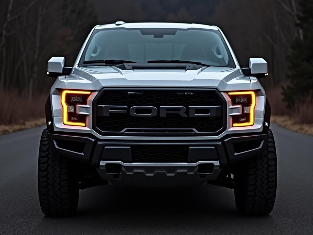 The image features a powerful Ford truck, showcasing its bold and aggressive front design. The prominent Ford logo stands out, framed by striking headlights. The vehicle is parked on a dark road, surrounded by a natural landscape. The lighting accentuates the vigorous lines of the truck and enhances its rugged appearance. This truck is designed for both off-road adventures and urban driving. Its robust tires suggest excellent performance on various terrains. It's a modern interpretation of a classic American pickup.