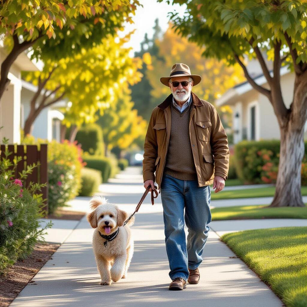 An old man walks his dog on a sidewalk in a California neighborhood. The man wears a brown hat and a cozy jacket. The dog is fluffy and playful. The scenery includes green trees and well-kept homes.