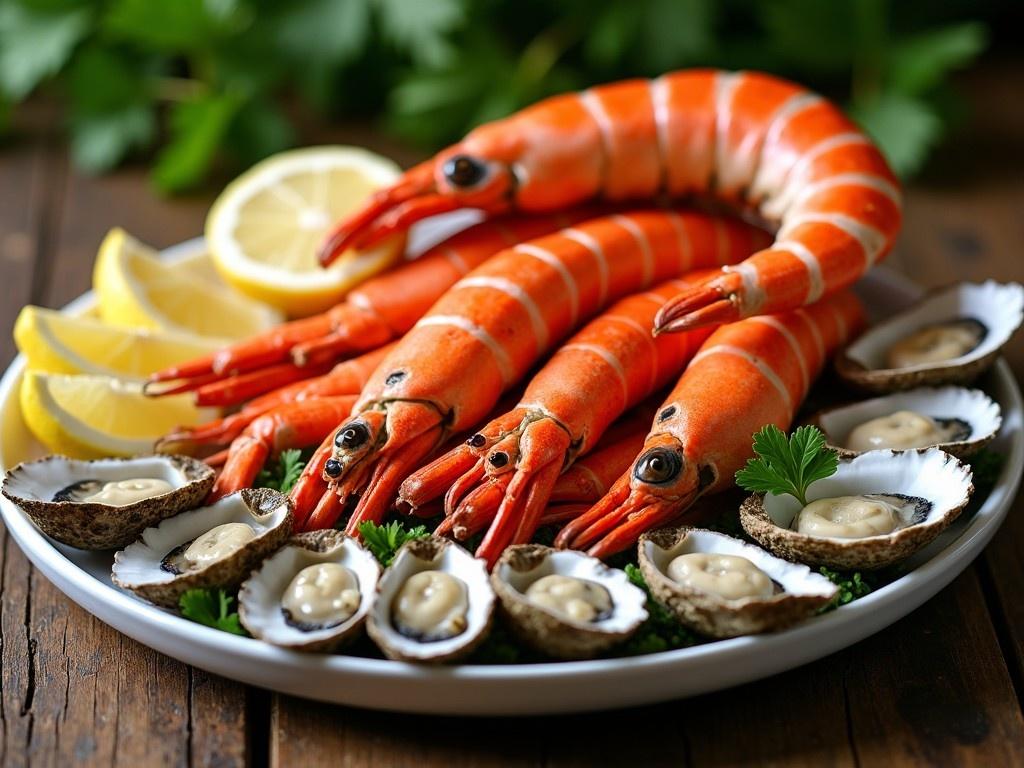 This image depicts an inviting seafood platter featuring vibrant orange shrimp and fresh oysters. The shrimp are beautifully arranged alongside pristine oysters filled with creamy sauce, all set on a white plate. Garnished with lemon slices and parsley, the presentation is both elegant and appetizing. The soft, natural lighting enhances the freshness of the seafood, creating a mouth-watering appeal. Ideal for showcasing gourmet dining or seafood cuisine.