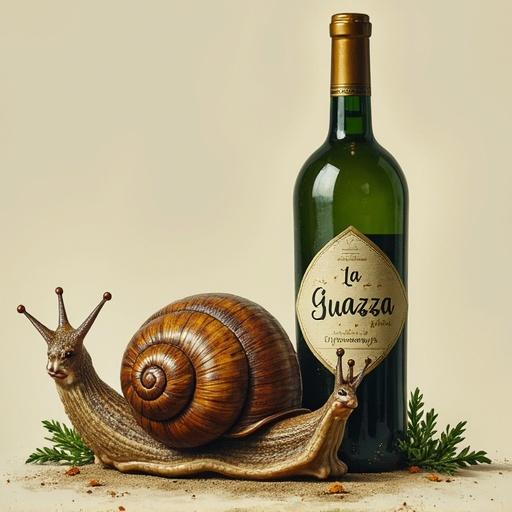 Image of a green-labeled wine bottle labeled 'La Guazza' featuring a snail in front of it. The background is neutral, enhancing the subjects.