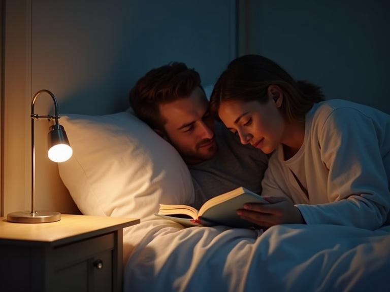 An interior scene of an American family bedroom. Thin lamps provide lighting. A couple is reading a book together in bed. The atmosphere is bright and cozy. The style is realistic with high definition details.