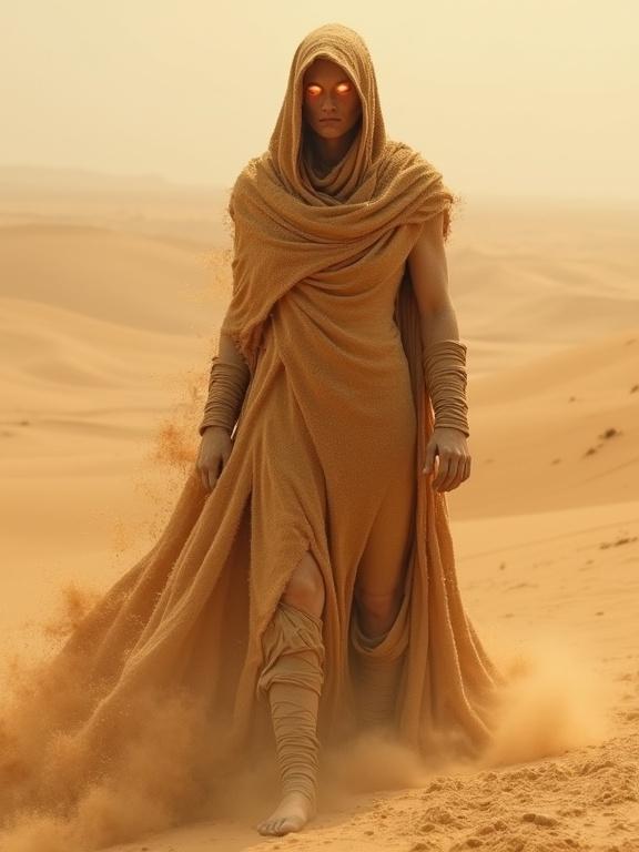 An enigmatic figure stands in a vast desert. The figure is made of swirling sand and dust. It has a human outline but is translucent. Its body flows with sand forming limbs, torso, and head. The surface appears as fine particles. The figure has glowing eyes. Its clothing consists of denser layers of sand. The pose is still and calm, embodying resilience. Sand vortices swirl around it. Lighting highlights the sand texture and the eye glow.