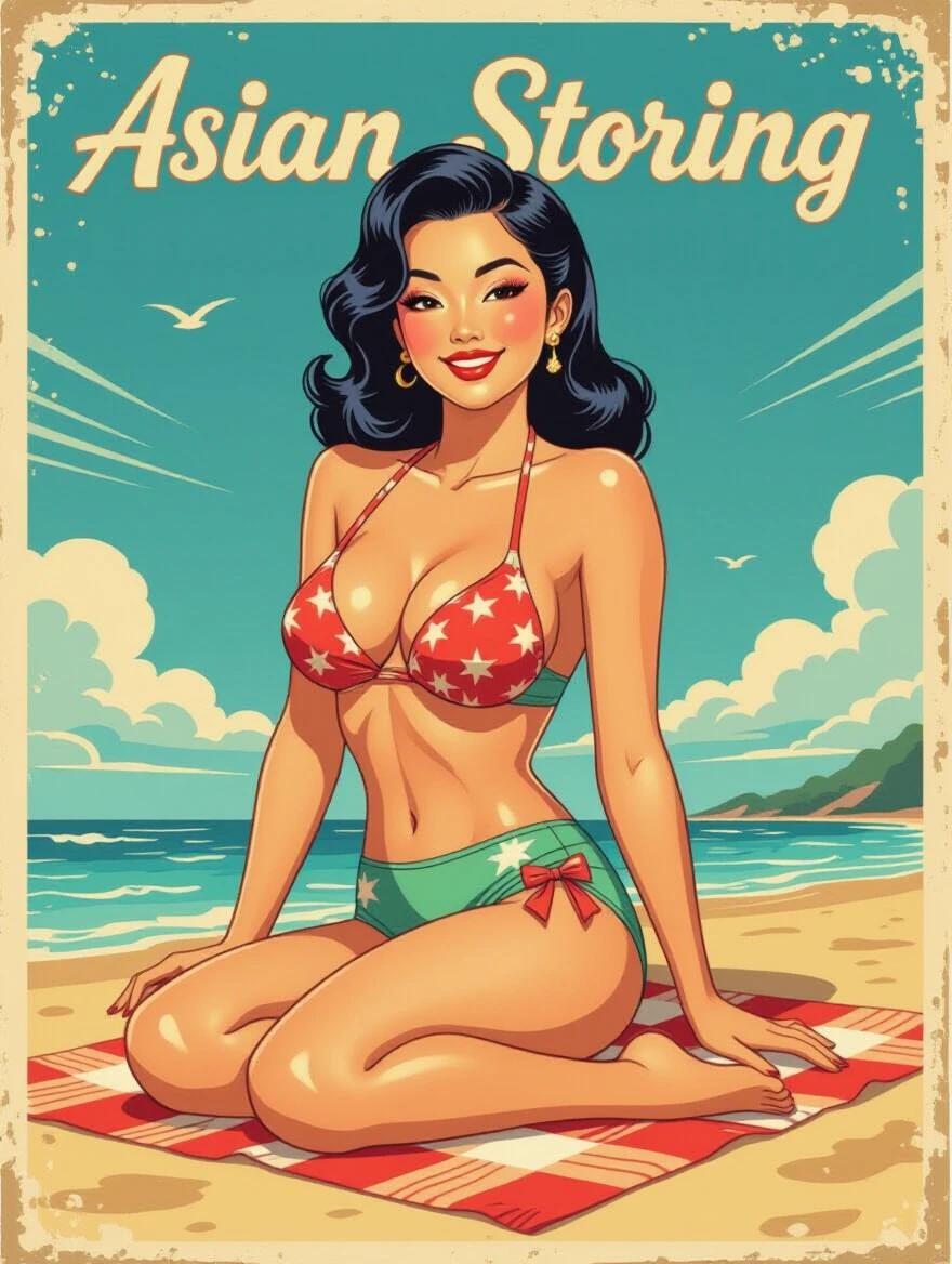 Retro-styled asian pin-up girl in an edgy bikini is sitting on a beach towel. The scene captures 1950s colors and makeup with a flirty wink.