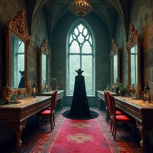 Fantasy illustration of a gothic stone chamber as the Evil Queen's boudoir. The chamber features oversized vanity mirrors and a dramatic layout with layered floors and spiral staircases. A cloaked figure admires herself, adding to the mysterious ambiance. The room combines dark forest energy with painterly fantasy elements in a highly detailed style.