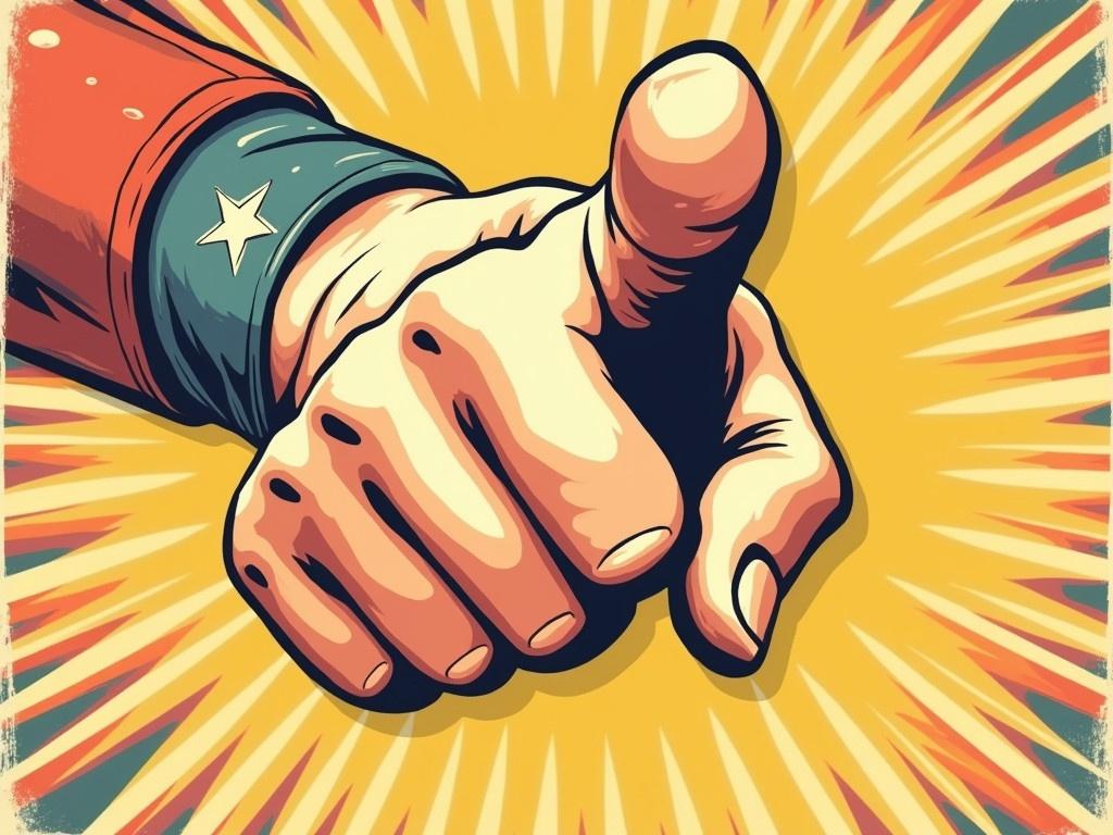 A vintage pop art style illustration features a close-up of a pointing hand. The hand is in a bold, cartoonish design, showcasing strong outlines and vibrant colors. It has a three-dimensional appearance, with the fingers distinctly bent and the thumb prominently displayed. The background has a retro feel, using soft colors and starburst patterns to emphasize the hand. This art piece captures the essence of mid-20th century graphic design, invoking nostalgia and playful energy.