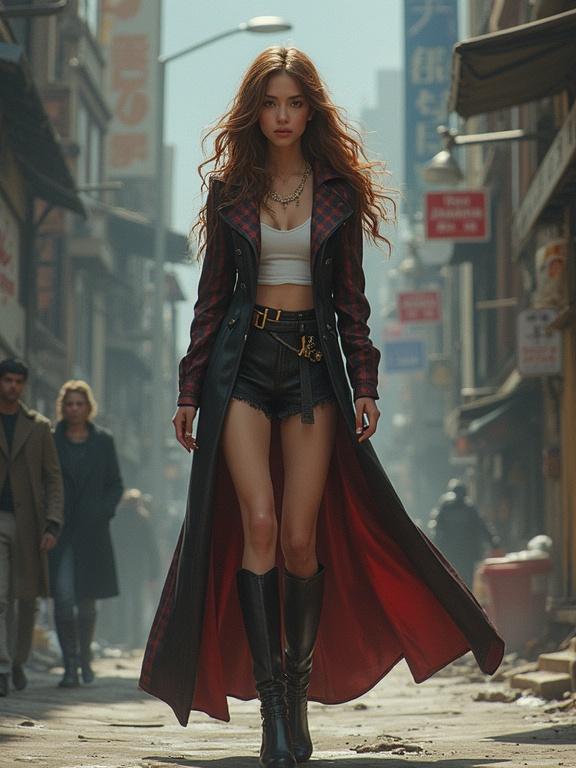 A model walks confidently in an urban environment. She wears a long, stylish coat with shorts and high boots. The scene captures a sense of edgy fashion amidst a bustling street.