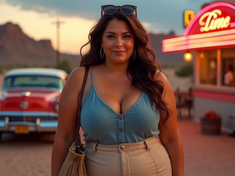 A mature woman in her 40s with dark brown wavy hair and a sun-kissed tan stands confidently at a desert diner. She wears a faded blue camisole and sand-beige mini skirt with oversized sunglasses. Her expression is warm and teasing. A classic car and vibrant neon lights are visible in the background during sunset.