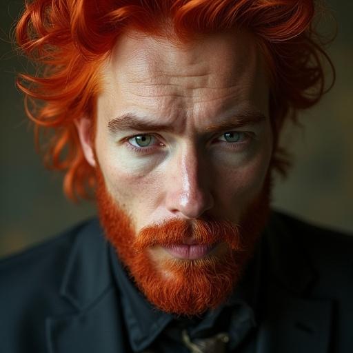 Close-up shot of a man with red hair wearing black attire. He has a beard and striking green eyes. The image captures the essence of a decadent rock style.