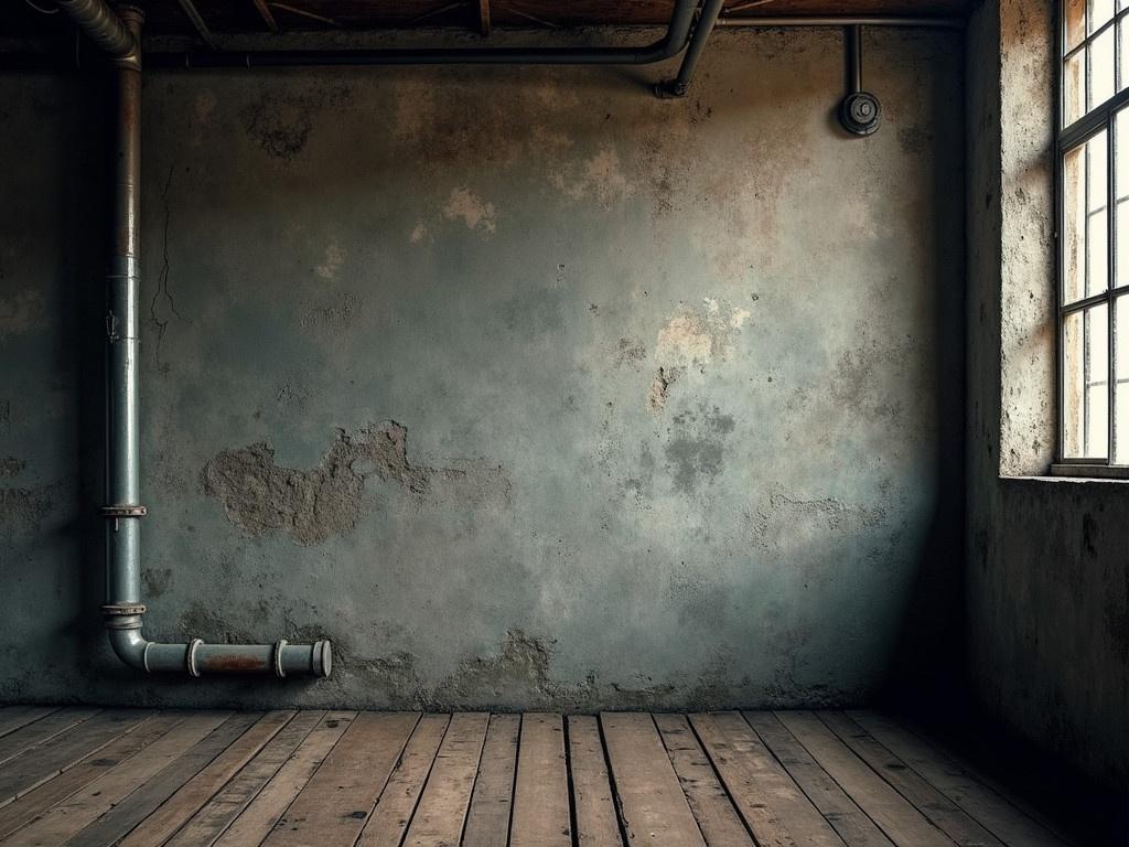 A grunge industrial background with a rough, textured concrete wall. The scene captures a dimly lit interior, featuring a wooden floor and pipes running along the wall. The atmosphere feels aged and weathered, showcasing a sense of abandonment. There is ample copy space for text or imagery, allowing creative freedom for placement. The lighting creates dramatic shadows that enhance the industrial feel of the environment.