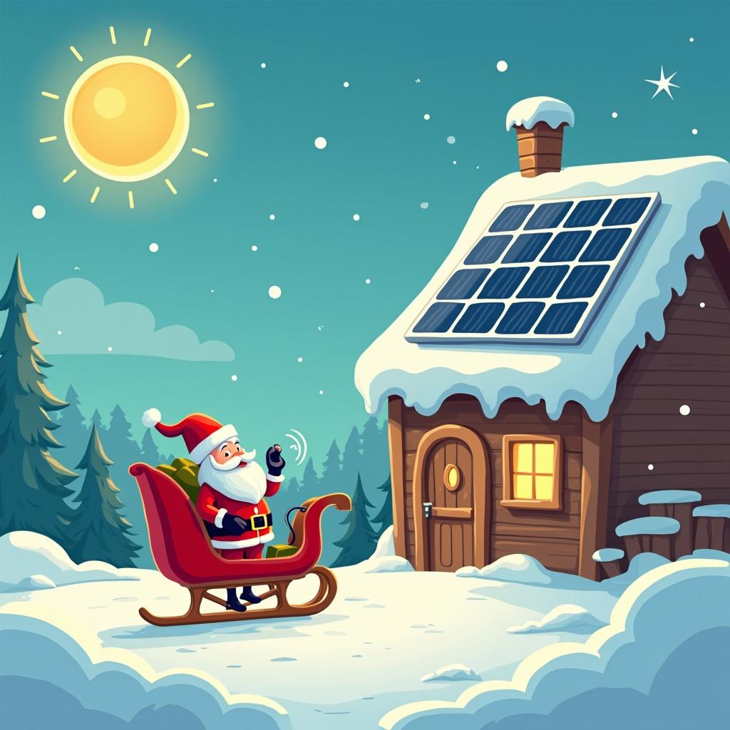 Cheerful scene at Santa's Workshop. Santa charging electric sleigh from workshop roof with solar panels. Emphasis on eco-friendly energy source. Cartoon style.