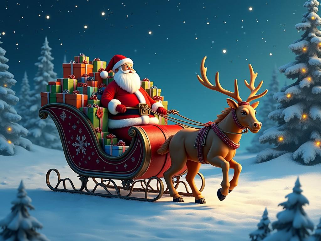 The image captures a festive scene featuring Santa Claus joyfully riding his sleigh, which is overflowing with colorful gift boxes. The sleigh is pulled by a majestic reindeer, set against a backdrop of a starry night sky and a snowy landscape. Snow-covered trees adorn the surroundings, enhancing the magical feel of the scene. Santa, dressed in his traditional red suit and hat, exudes a cheerful demeanor, embodying the spirit of Christmas. This enchanting depiction is perfect for evoking holiday cheer and nostalgia.