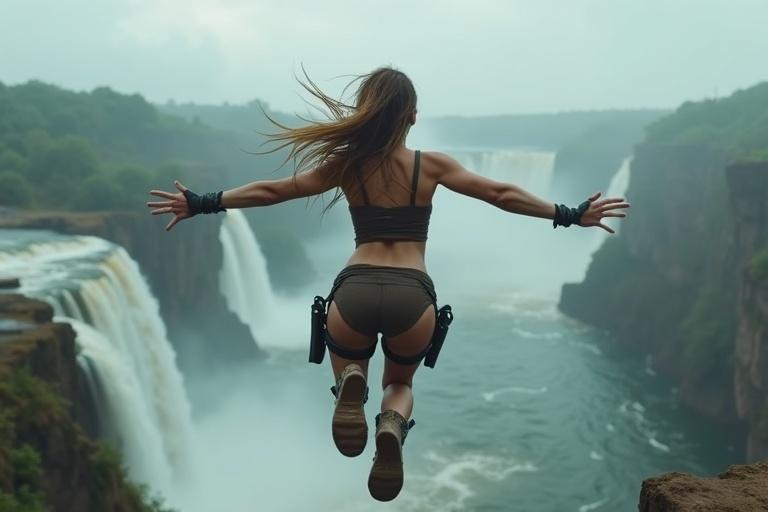 Powerful rear camera angle with a figure leaping into a misty lake. Hair whipping in the wind. Dark brown crop top and tactical shorts. Black detailing and rugged boots. Massive waterfall below. Cannibals in the distance. Striking cinematic composition.