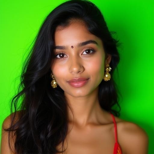 Young woman with dark wavy hair and expressive eyes. She wears jhumkas and a bindi. Background is solid fluorescent green. Image is an upper mid-shot showing her upper body. Soft and even lighting is used. Highly detailed realistic skin and features. Shot with high-quality camera equipment.