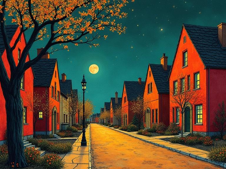A street in a city with houses on both sides. Style influenced by Andy Kehoe and Benjamin Lacombe and Catherine Hyde. Art brut style with bright colors, intricate details, and delicate features. The scene is set at night with a bright moon overhead.