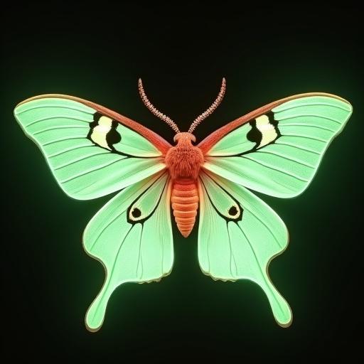 Neon airbrush glow moth. Light-green, white, and brown-red colors. Detailed wings with intricate patterns.