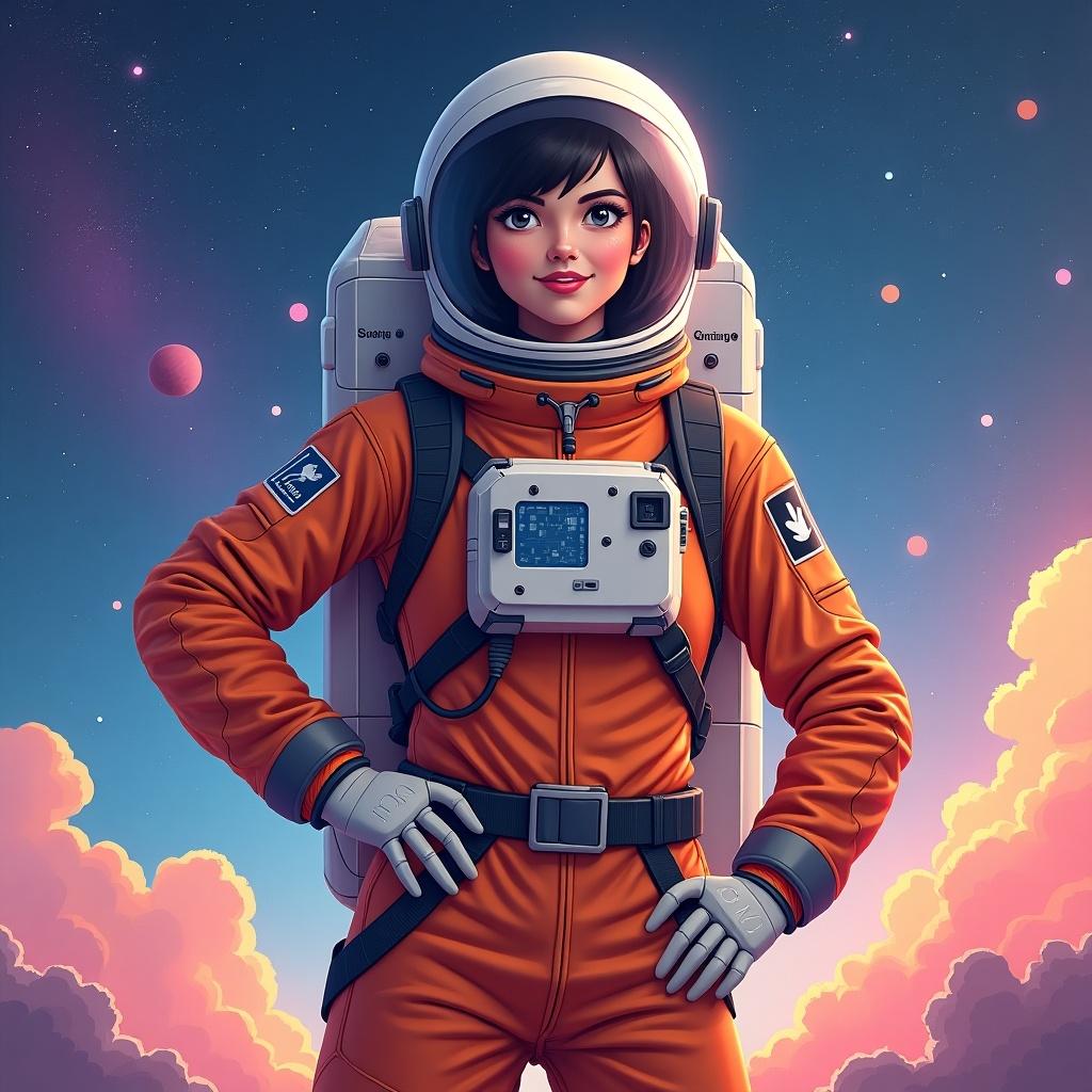 Colorful digital illustration of a young woman dressed as an astronaut. She stands against a vibrant space landscape. Background features colorful galaxy and clouds of space dust.