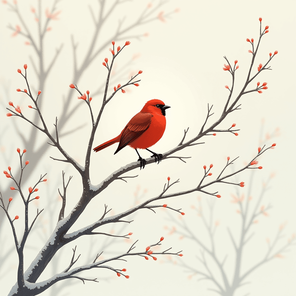 A vibrant red bird sits on a budding branch against a soft, blurred background.