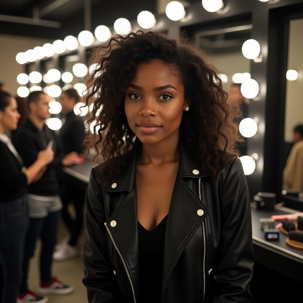 A young lady in a trendy outfit is in a busy film studio. She stands out with expressive eyes and curls. Surrounding her are makeup mirrors and equipment. The atmosphere shows bustling activity. The environment includes hairspray brushes, hot curlers, and other tools for actors. Everyone is preparing for filming.