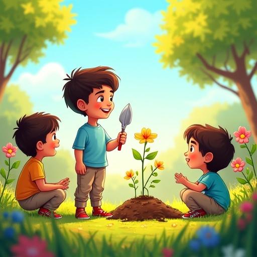 A cheerful scene in a peaceful garden. Three young children are involved in gardening activities. One boy holds a trowel and smiles while teaching his friends. They show joy and interest. Surround them are small plants and colorful trees. Atmosphere is bright and warm with enough space around them for Arabic text. Faces are smooth and featureless.