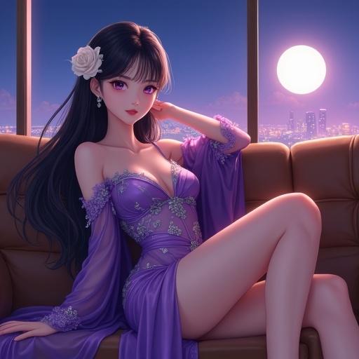 A beautiful anime East Asian woman reclines on a light brown leather sofa. She has long dark violet hair and a white rose behind her ear. Her violet eyes exude confidence. A glossy violet cheongsam-style dress with high slits and silver floral embroidery enhances her allure. The viewpoint is low and diagonal, showcasing her elegant legs and torso. A night city skyline and full moon form the backdrop, capturing a luxurious and intimate atmosphere with ultra-detailed soft cinematic lighting.