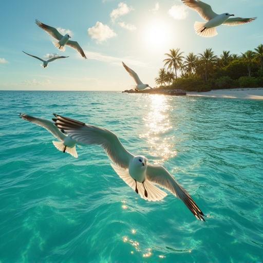 Aerial close-up view of seagulls flying over turquoise water of the Caribbean Sea. Sunlight reflects on waves. Detailed feathers of seagulls backlit by golden light. Palm-covered islets and sandy shores visible in background. Vibrant tropical scene with motion of birds.