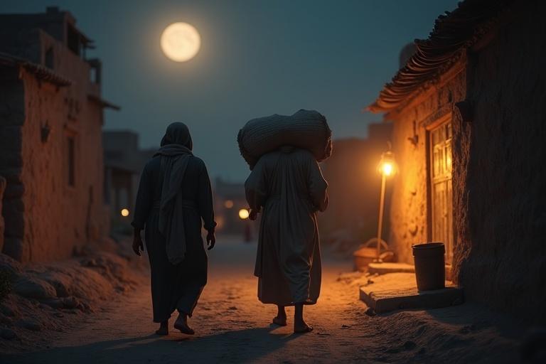 Night-time scene depicted in ancient Medina. Strong humble man in simple clothes carries heavy sack. Companion walks alongside. Quiet dusty streets illuminated by warm torchlight. Hints of children crying in nearby tent. Emotional and cinematic atmosphere captures Islamic historical essence. Features dramatic shadows and high detail with realistic 3D rendering.