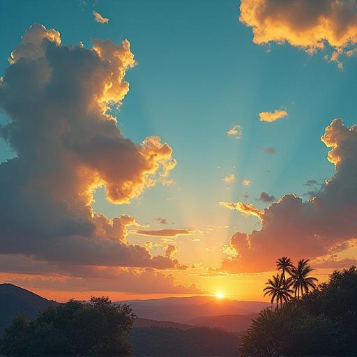 A vibrant sunset over a tropical landscape. Sky painted in shades of orange and blue. Palms silhouette against the horizon. Mountains in the distance.