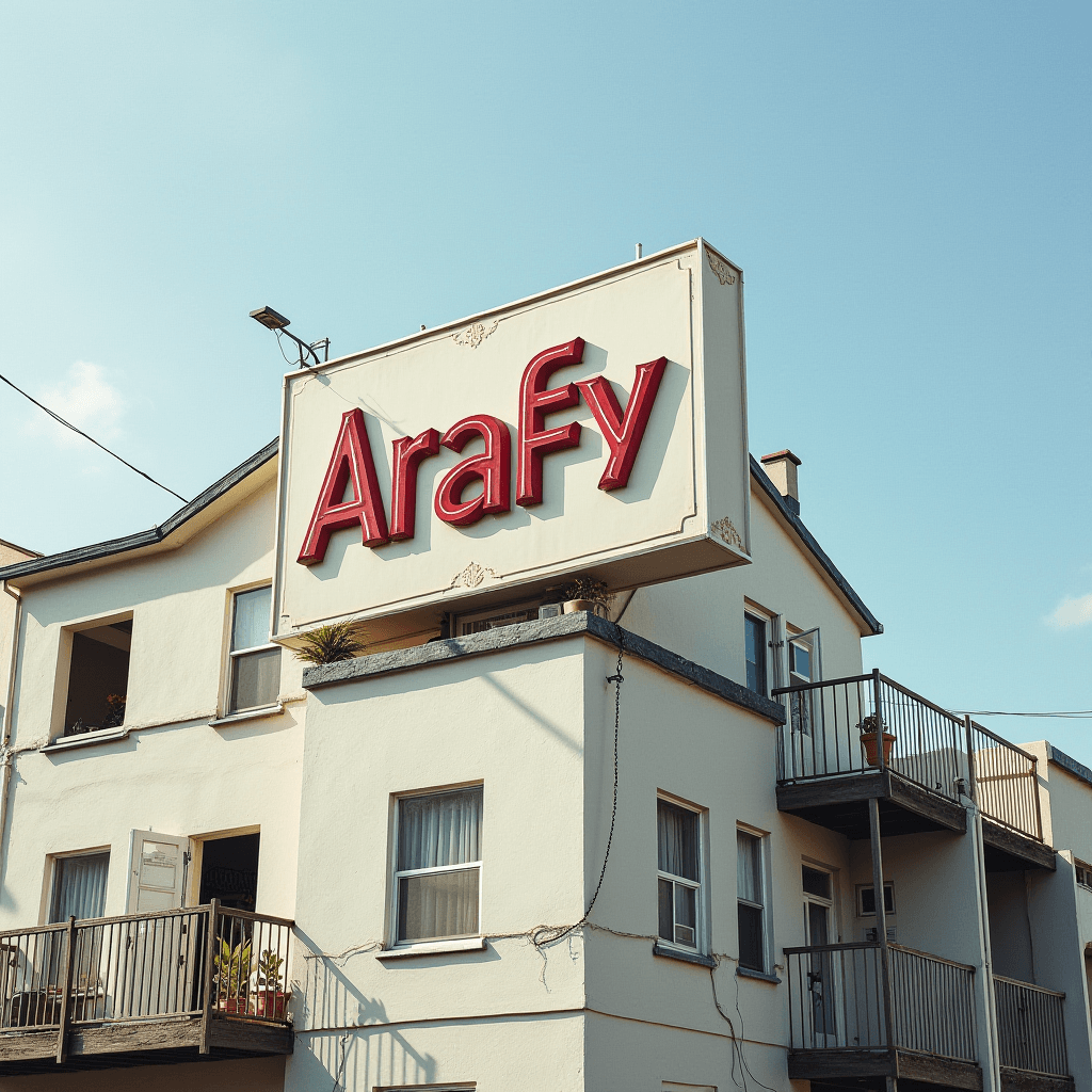 A sign with stylized red lettering reading 'Arafy' sits atop a light-colored corner building with balconies.