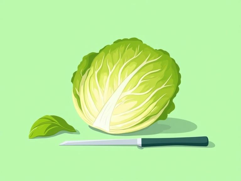 Cartoon-like illustration of iceberg lettuce on a light green background. Head of lettuce is partially sliced to show texture. Accompanied by a simple knife. No text in image. Clean lines and soft curves. Emphasize cheerful and inviting style.