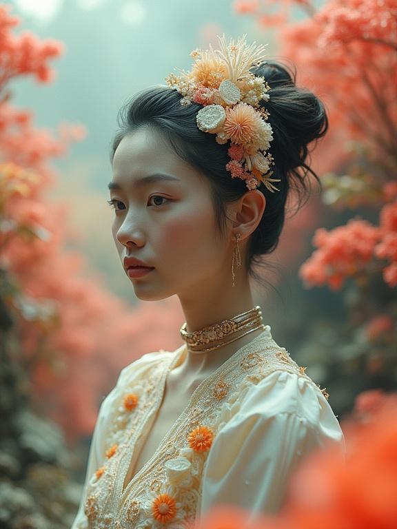Photorealistic artwork depicting a tranquil Thai woman in a coral reef zen garden. Surreal atmosphere with intricate flower accessories. Soft lighting highlighting serene expression. Vibrant coral hues and subtle background elements create depth. Extreme detail digital painting style.