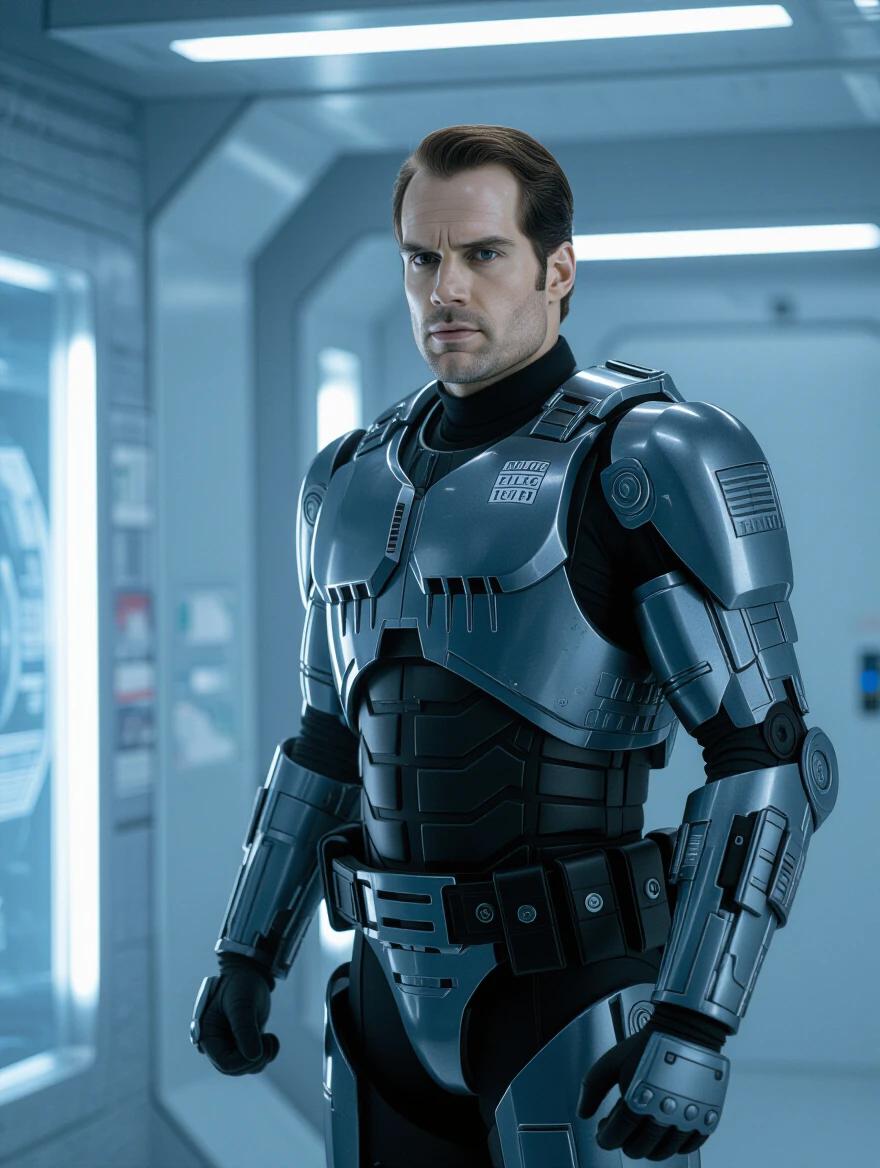 Police officer in a high-tech conversion chamber. He is portrayed in futuristic armor. The environment is advanced and industrial. The image captures the reprogramming process. Sleek design of the suit is emphasized. Action and transformation theme is prominent.