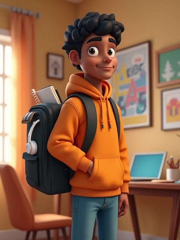 3D cartoon scene of a young Egyptian male in his 20s preparing for a creative adventure. Character has medium brown skin, thick black hair, wearing an orange hoodie and jeans. Packing a backpack with a sketchbook, laptop, and headphones. Cozy room with warm colors, design posters, desk with art supplies. Exciting atmosphere of potential. Pixar-style with clean lighting and soft shadows.