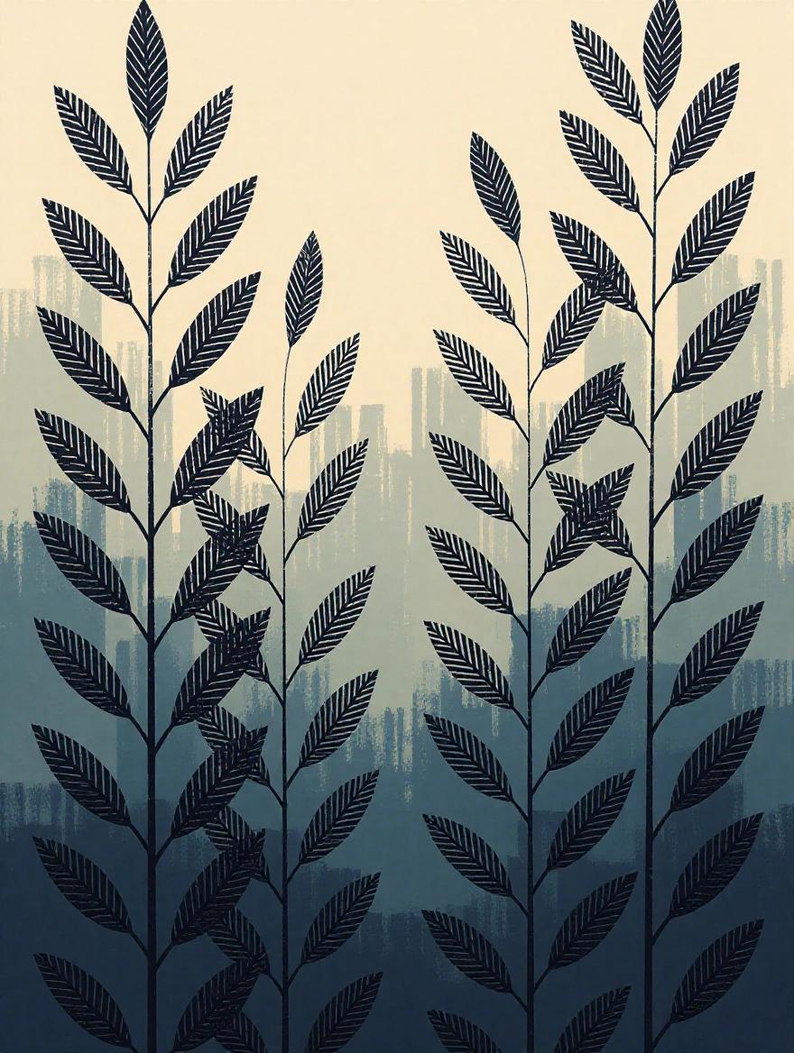 Falling vertical lines and rough paint strokes create silhouettes resembling leaves against an abstract background. Dark hues set the contrasting tone with a soft light.