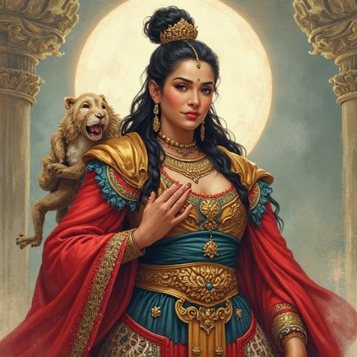 A woman in elaborate attire with a lion companion set against a glowing moon. The scene includes ornate columns enhancing the fantasy theme.