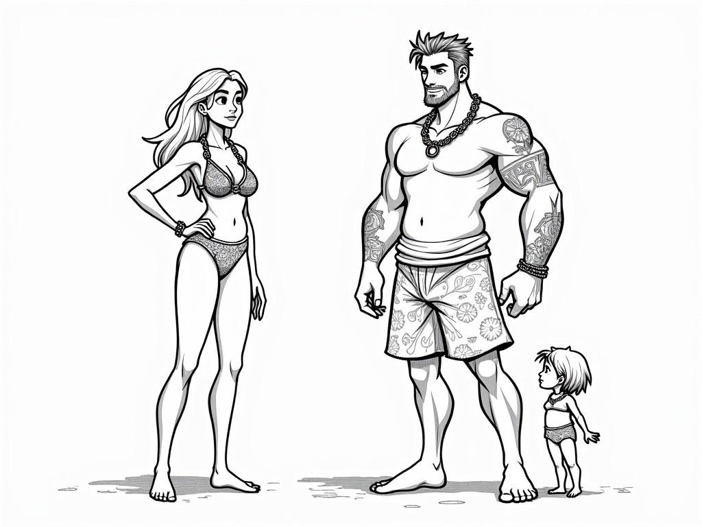 The image depicts an animated scene of a male character, a female character, and a young child character. The female character, who is in her thirties, has long hair and an athletic build, wearing a floral bikini with bare feet. The male character, in his forties, is muscular with short messy hair and a beard, dressed in a plain white t-shirt and shorts featuring tribal patterns. The young girl, around four years old, has shoulder-length hair and is wearing beach-appropriate swimwear. The characters are designed in black line art against a white background, emphasizing their strong connection to nature and portraying strength, beauty, and agility. They stand side by side, showcasing their physiques and outfits, suitable for an adventurous role.