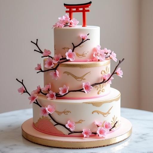 Realistic multi-tiered cake with Japanese theme. Decorated with cherry blossom branches and flowers. Elegant patterns painted in gold and red. Features edible Torii gate. Soft neutral background. High resolution food photography.