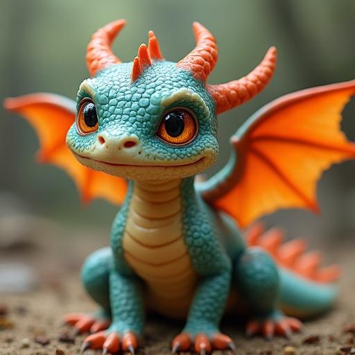 A small dragon with turquoise scales and orange wings sits on the ground. The dragon has bright, expressive eyes and a friendly smile. Textured skin and playful pose convey a sense of cuteness. Background shows a blurred forest setting.