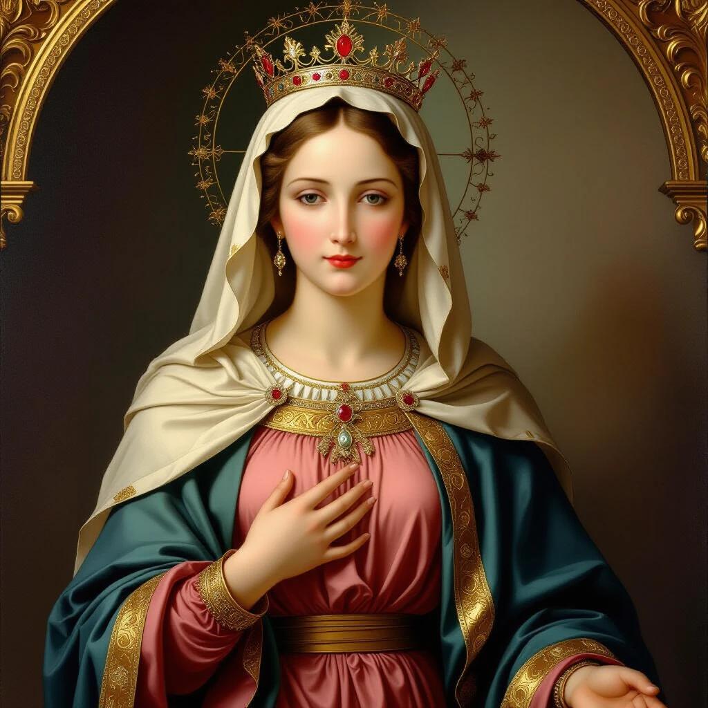Depiction of Virgin Mary in elegant attire with ornate crown and rich robes